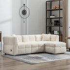 Divano sezionale Roomfitters Cozy in tessuto pile Teddy con porte USB, pouf contenitore mobile e due cuscini lombari