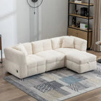Divano sezionale Roomfitters Cozy in tessuto pile Teddy con porte USB, pouf contenitore mobile e due cuscini lombari
