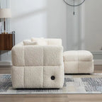 Divano sezionale Roomfitters Cozy in tessuto pile Teddy con porte USB, pouf contenitore mobile e due cuscini lombari