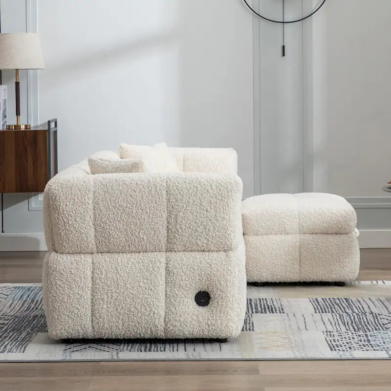 Divano sezionale Roomfitters Cozy in tessuto pile Teddy con porte USB, pouf contenitore mobile e due cuscini lombari