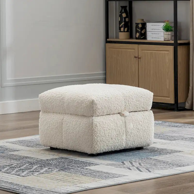 Divano sezionale Roomfitters Cozy in tessuto pile Teddy con porte USB, pouf contenitore mobile e due cuscini lombari
