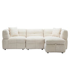 Divano sezionale Roomfitters Cozy in tessuto pile Teddy con porte USB, pouf contenitore mobile e due cuscini lombari