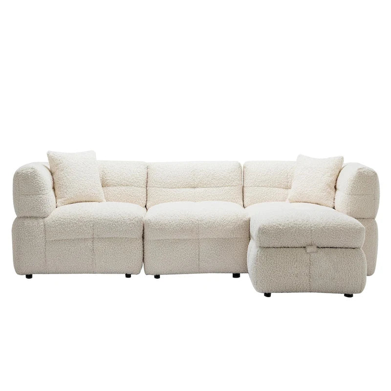 Divano sezionale Roomfitters Cozy in tessuto pile Teddy con porte USB, pouf contenitore mobile e due cuscini lombari