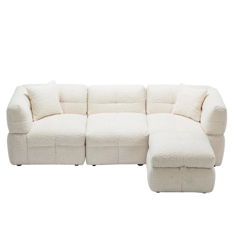 Divano sezionale Roomfitters Cozy in tessuto pile Teddy con porte USB, pouf contenitore mobile e due cuscini lombari