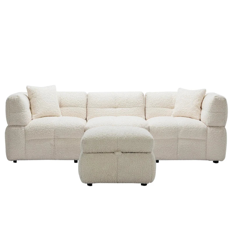 Divano sezionale Roomfitters Cozy in tessuto pile Teddy con porte USB, pouf contenitore mobile e due cuscini lombari