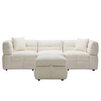 Divano sezionale Roomfitters Cozy in tessuto pile Teddy con porte USB, pouf contenitore mobile e due cuscini lombari