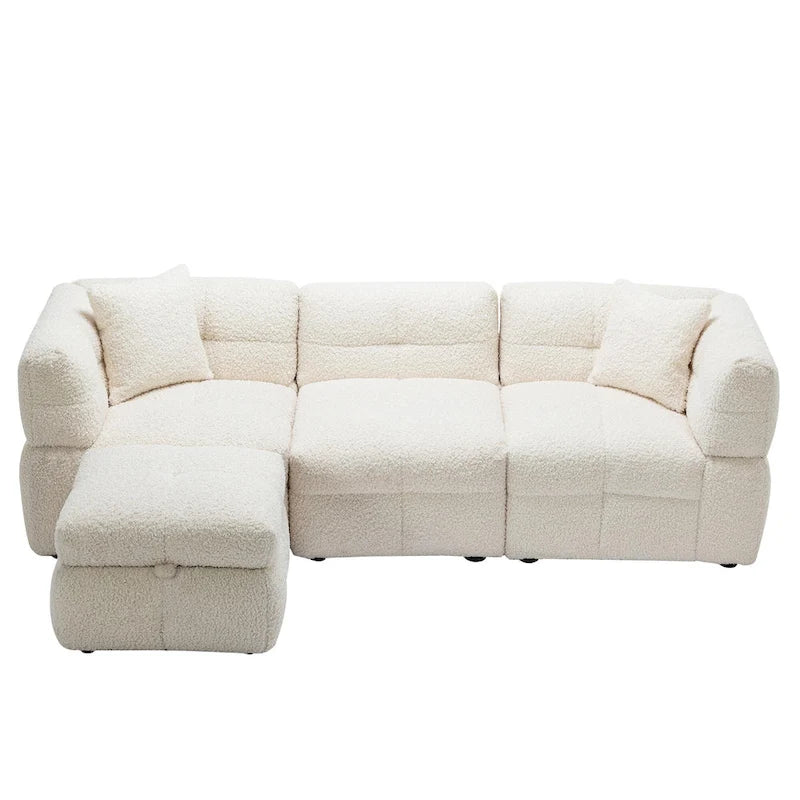 Divano sezionale Roomfitters Cozy in tessuto pile Teddy con porte USB, pouf contenitore mobile e due cuscini lombari