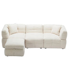 Divano sezionale Roomfitters Cozy in tessuto pile Teddy con porte USB, pouf contenitore mobile e due cuscini lombari