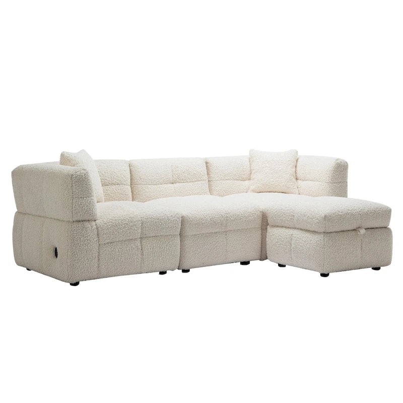 Divano sezionale Roomfitters Cozy in tessuto pile Teddy con porte USB, pouf contenitore mobile e due cuscini lombari