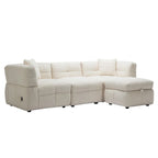 Divano sezionale Roomfitters Cozy in tessuto pile Teddy con porte USB, pouf contenitore mobile e due cuscini lombari