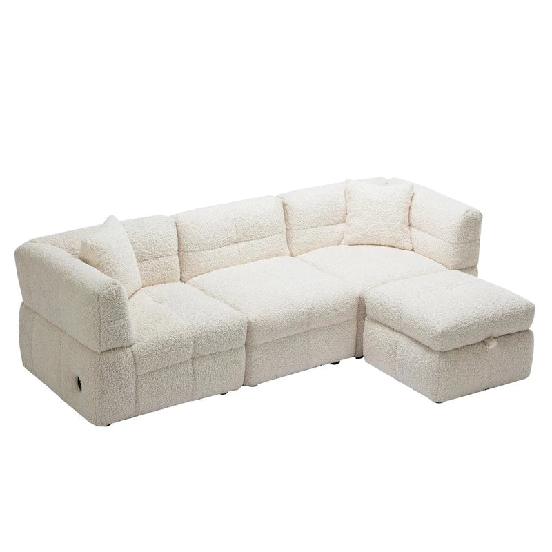 Divano sezionale Roomfitters Cozy in tessuto pile Teddy con porte USB, pouf contenitore mobile e due cuscini lombari