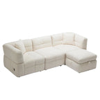 Divano sezionale Roomfitters Cozy in tessuto pile Teddy con porte USB, pouf contenitore mobile e due cuscini lombari