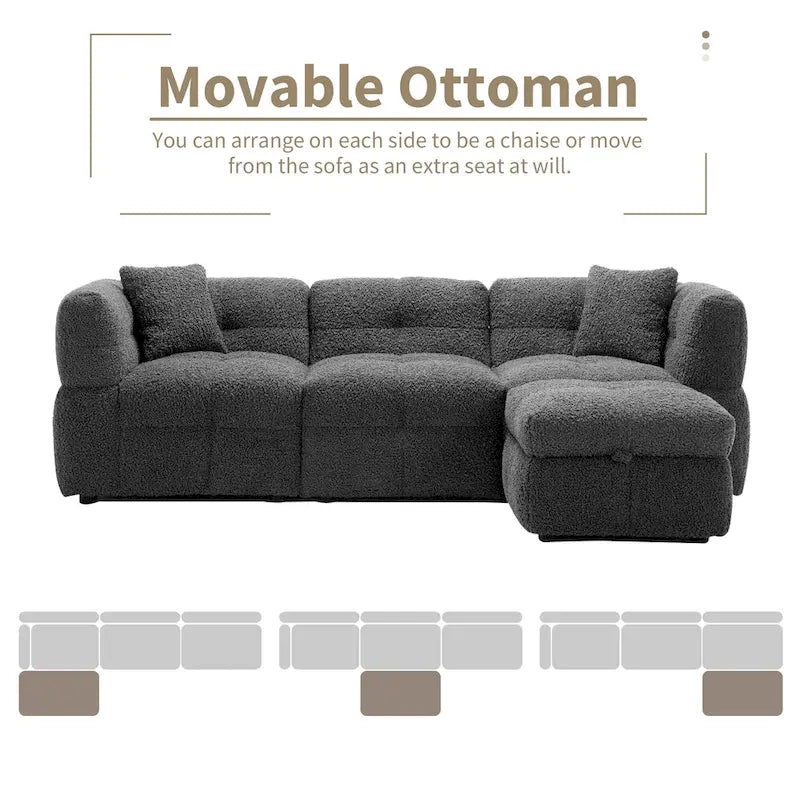 Divano sezionale Roomfitters Cozy in tessuto pile Teddy con porte USB, pouf contenitore mobile e due cuscini lombari