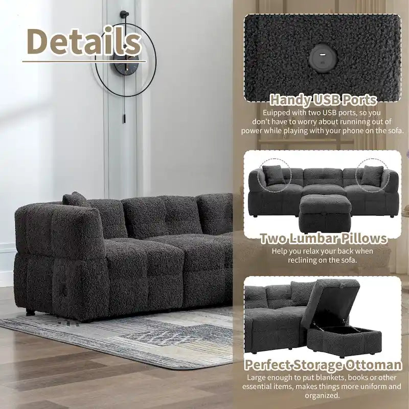 Divano sezionale Roomfitters Cozy in tessuto pile Teddy con porte USB, pouf contenitore mobile e due cuscini lombari