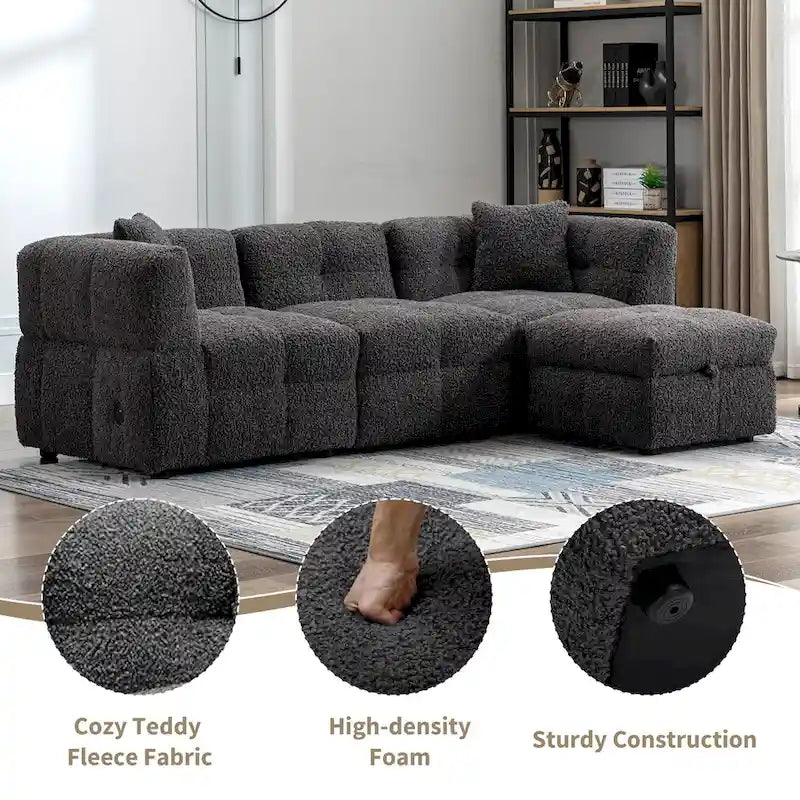 Divano sezionale Roomfitters Cozy in tessuto pile Teddy con porte USB, pouf contenitore mobile e due cuscini lombari