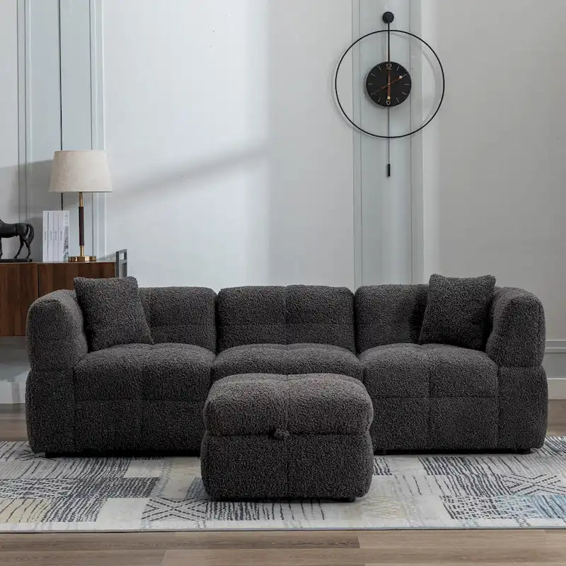 Divano sezionale Roomfitters Cozy in tessuto pile Teddy con porte USB, pouf contenitore mobile e due cuscini lombari