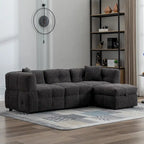 Divano sezionale Roomfitters Cozy in tessuto pile Teddy con porte USB, pouf contenitore mobile e due cuscini lombari