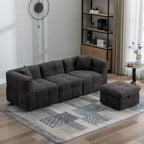 Divano sezionale Roomfitters Cozy in tessuto pile Teddy con porte USB, pouf contenitore mobile e due cuscini lombari