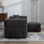 Divano sezionale Roomfitters Cozy in tessuto pile Teddy con porte USB, pouf contenitore mobile e due cuscini lombari