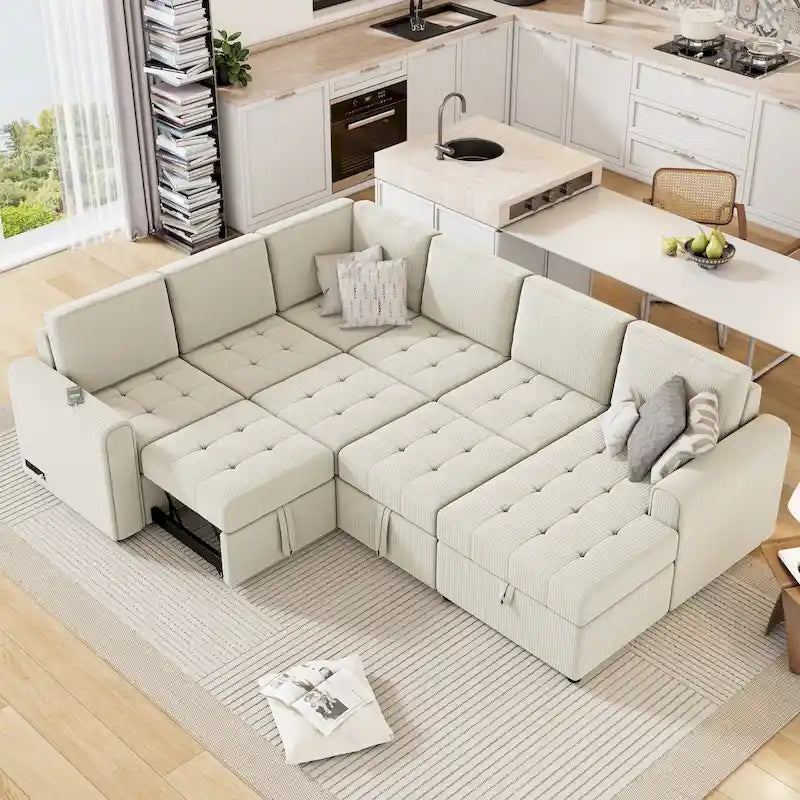 Divano Sezionale a U Roomfitters con Letto Estraibile, Chaise Longue Contenitore e Dispositivi di Ricarica Integrati per Soggiorno
