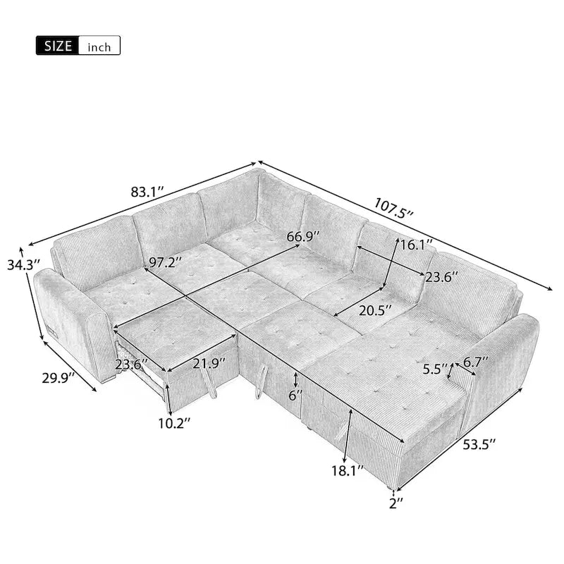 Divano Sezionale a U Roomfitters con Letto Estraibile, Chaise Longue Contenitore e Dispositivi di Ricarica Integrati per Soggiorno