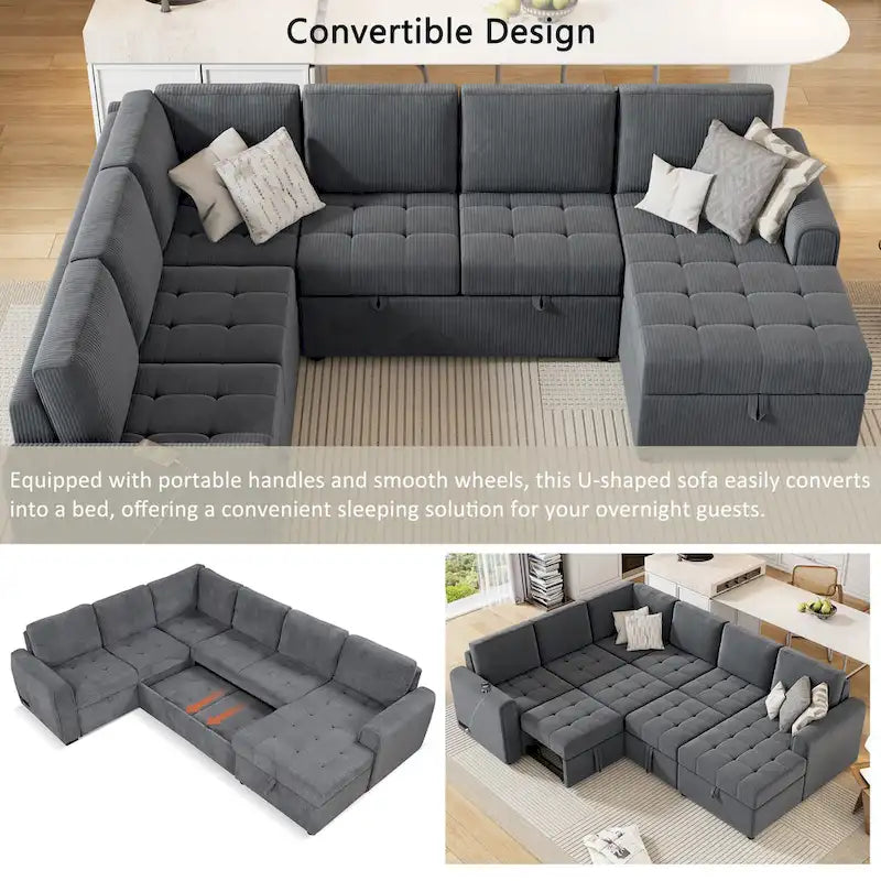 Divano Sezionale a U Roomfitters con Letto Estraibile, Chaise Longue Contenitore e Dispositivi di Ricarica Integrati per Soggiorno