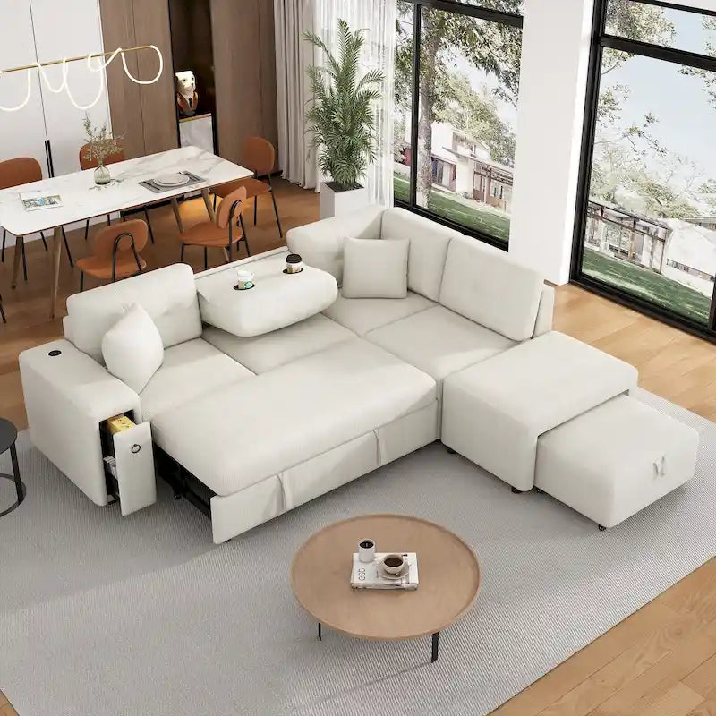 Canapé d'angle convertible Roomfitters avec méridienne mobile, deux ports USB et porte-gobelets pour salon
