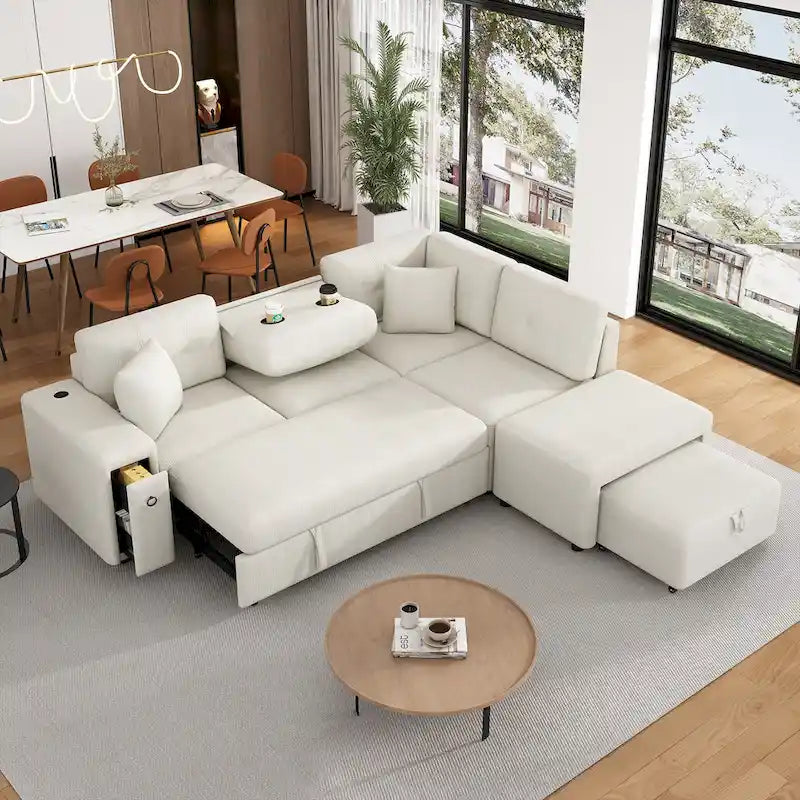 Roomfitters Sectional Sofa L-Shaped Pull-Out Bed with Movable Ottoman, Two USB Ports, and Cup Holders for Living Room