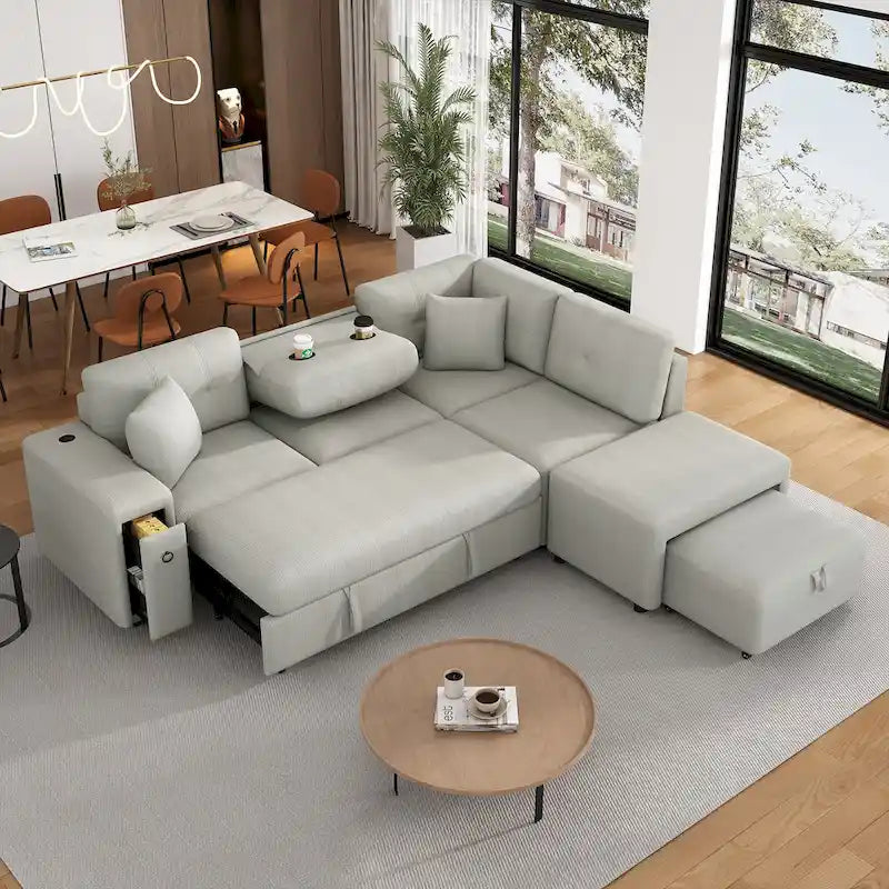 Canapé d'angle convertible Roomfitters avec méridienne mobile, deux ports USB et porte-gobelets pour salon