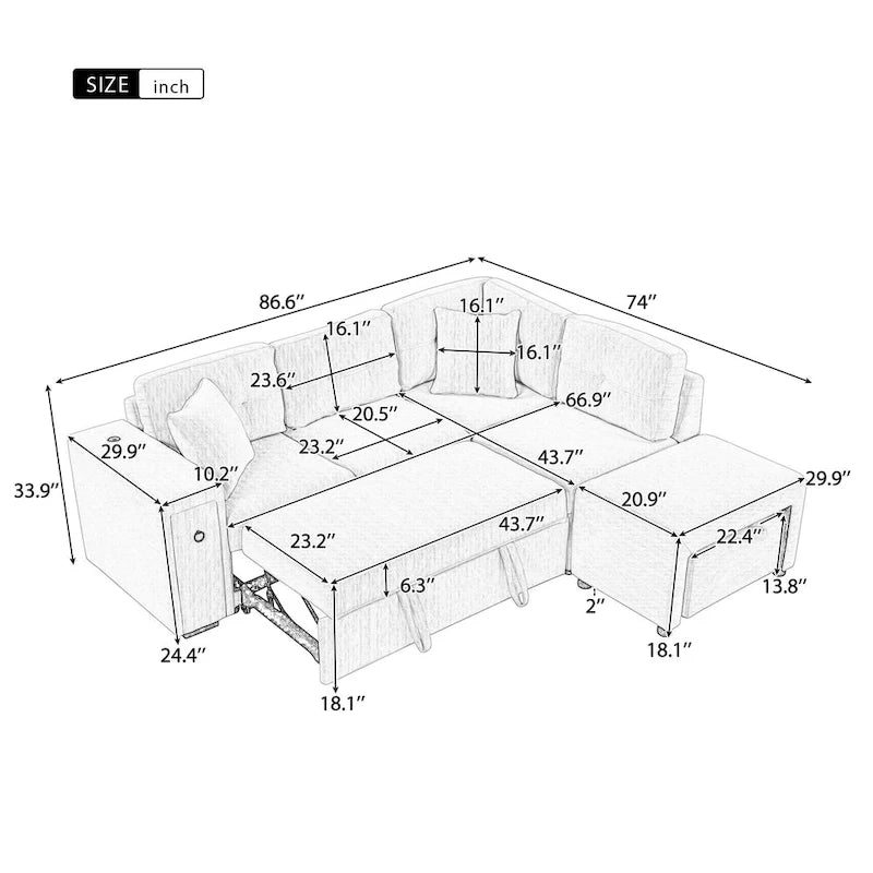 Canapé d'angle convertible Roomfitters avec méridienne mobile, deux ports USB et porte-gobelets pour salon