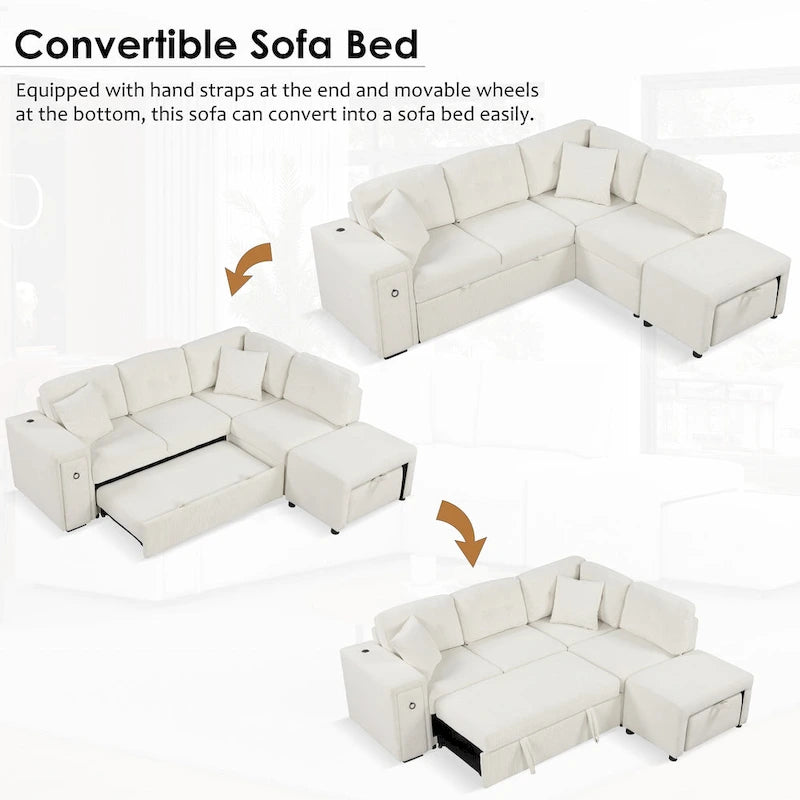 Canapé d'angle convertible Roomfitters avec méridienne mobile, deux ports USB et porte-gobelets pour salon
