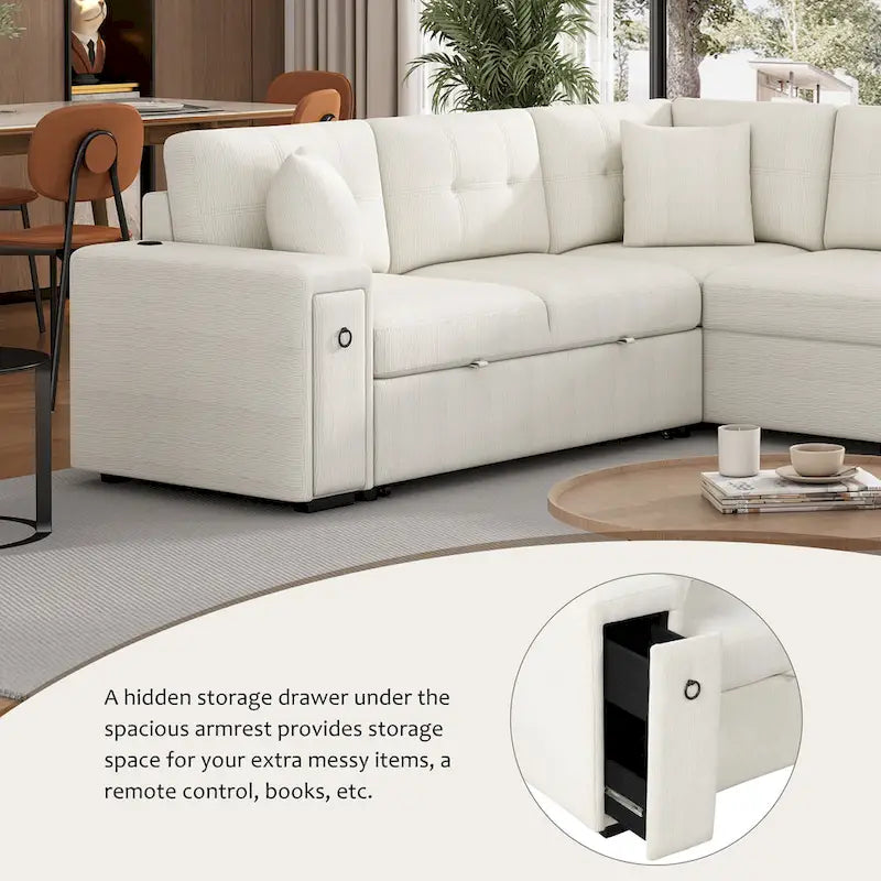 Canapé d'angle convertible Roomfitters avec méridienne mobile, deux ports USB et porte-gobelets pour salon