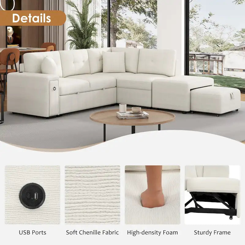 Canapé d'angle convertible Roomfitters avec méridienne mobile, deux ports USB et porte-gobelets pour salon