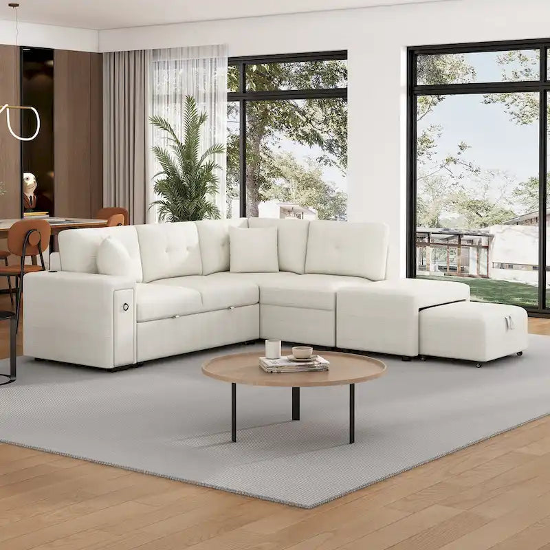 Canapé d'angle convertible Roomfitters avec méridienne mobile, deux ports USB et porte-gobelets pour salon