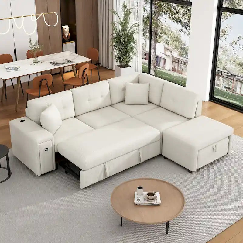 Canapé d'angle convertible Roomfitters avec méridienne mobile, deux ports USB et porte-gobelets pour salon
