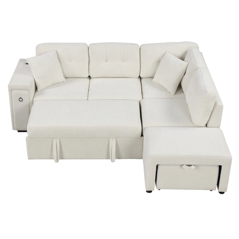 Canapé d'angle convertible Roomfitters avec méridienne mobile, deux ports USB et porte-gobelets pour salon