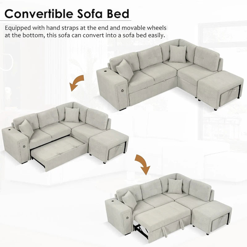 Canapé d'angle convertible Roomfitters avec méridienne mobile, deux ports USB et porte-gobelets pour salon