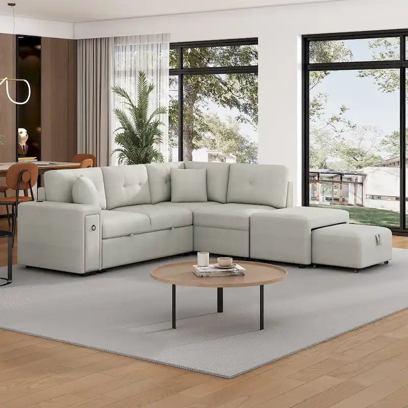 Canapé d'angle convertible Roomfitters avec méridienne mobile, deux ports USB et porte-gobelets pour salon