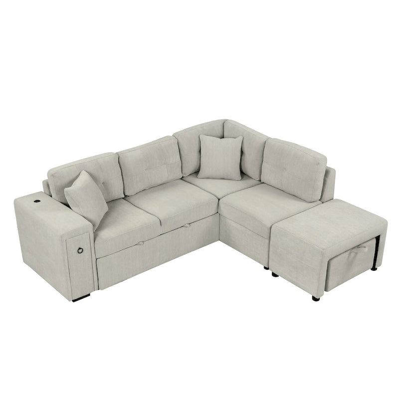 Canapé d'angle convertible Roomfitters avec méridienne mobile, deux ports USB et porte-gobelets pour salon