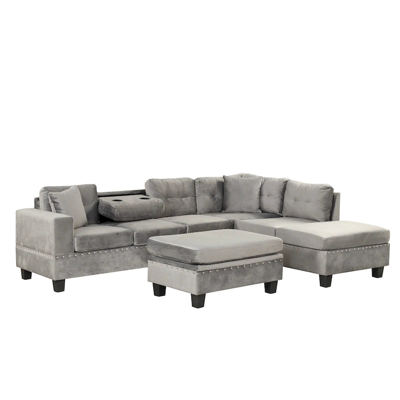 Canapé d'angle moderne Roomfitters avec ottomane de rangement, méridienne réversible, deux oreillers et porte-gobelet