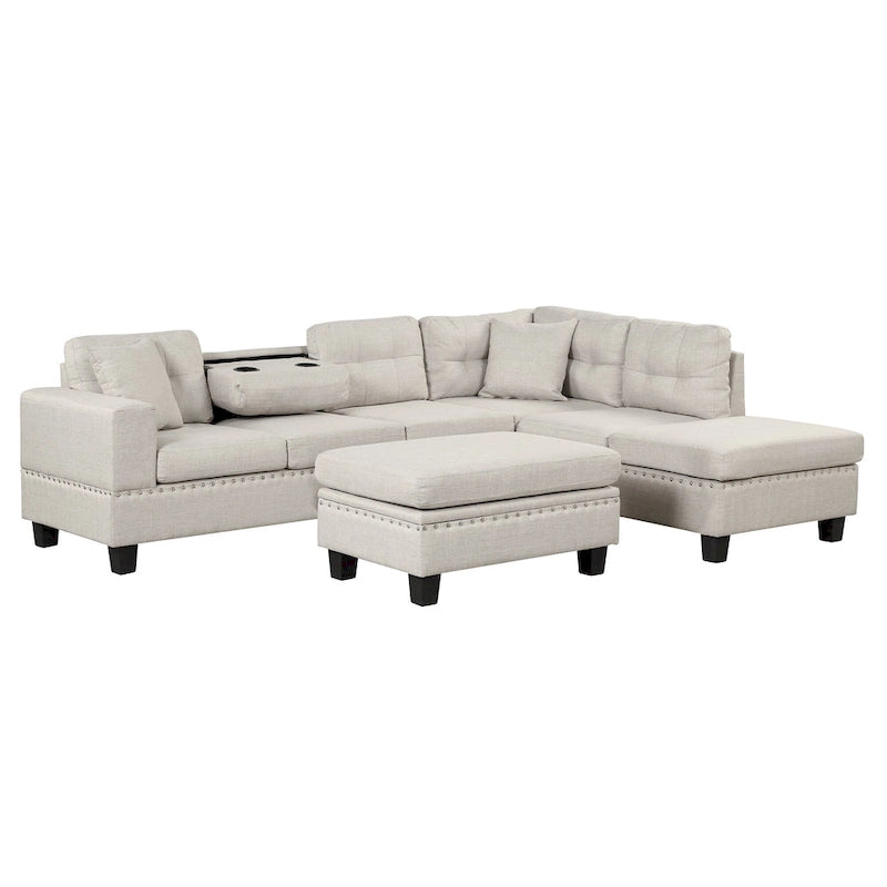 Canapé d'angle moderne Roomfitters avec ottomane de rangement, méridienne réversible, deux oreillers et porte-gobelet
