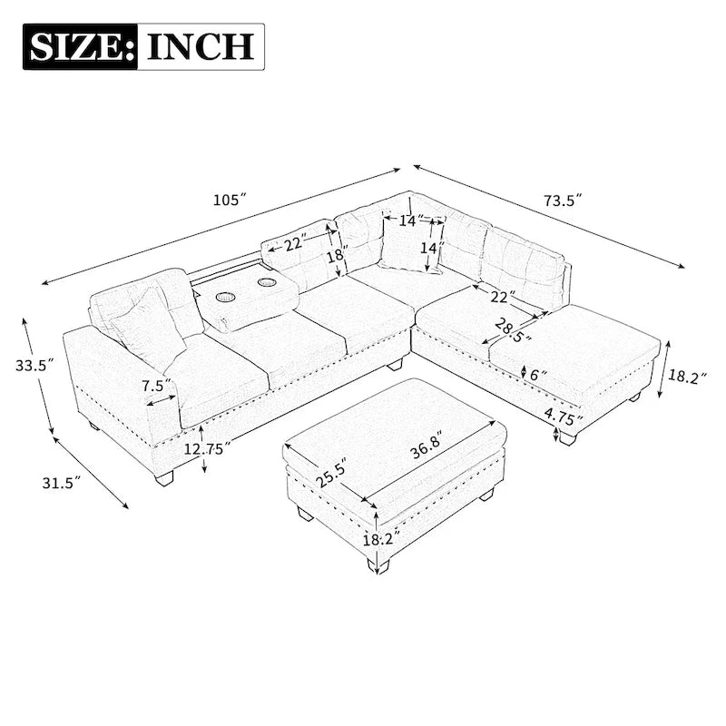 Canapé d'angle moderne Roomfitters avec ottomane de rangement, méridienne réversible, deux oreillers et porte-gobelet