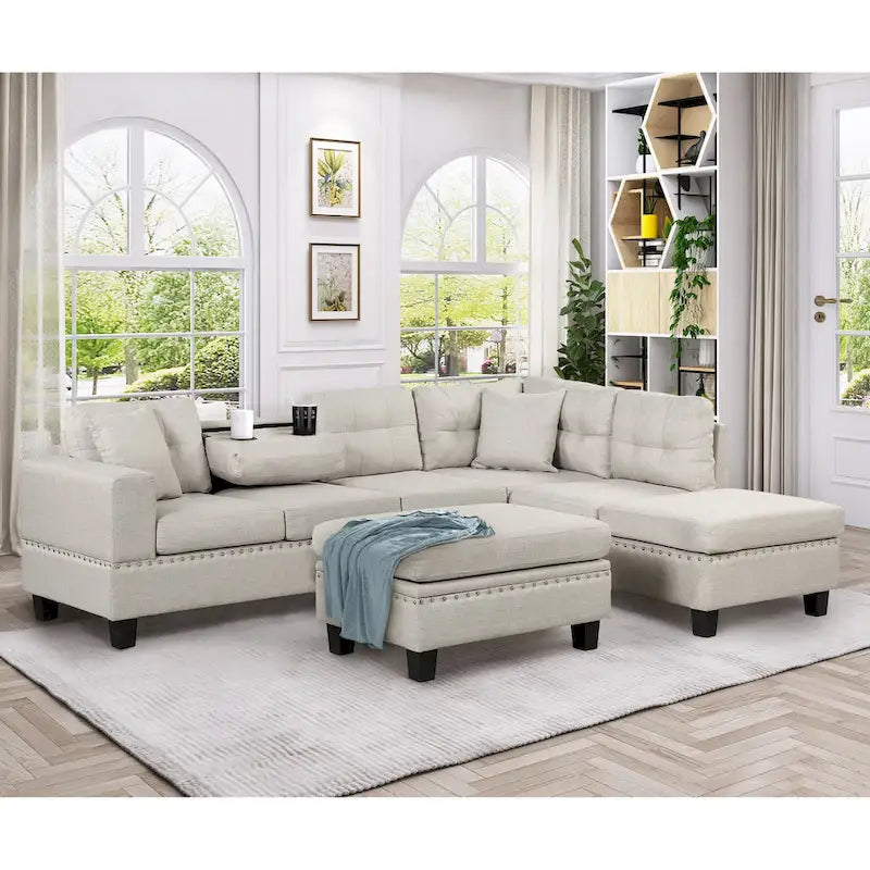 Canapé d'angle moderne Roomfitters avec ottomane de rangement, méridienne réversible, deux oreillers et porte-gobelet