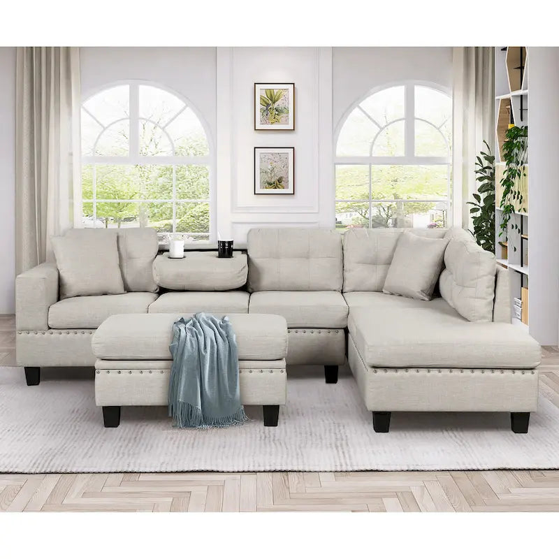 Canapé d'angle moderne Roomfitters avec ottomane de rangement, méridienne réversible, deux oreillers et porte-gobelet
