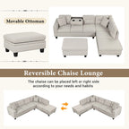 Canapé d'angle moderne Roomfitters avec ottomane de rangement, méridienne réversible, deux oreillers et porte-gobelet