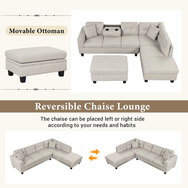 Canapé d'angle moderne Roomfitters avec ottomane de rangement, méridienne réversible, deux oreillers et porte-gobelet