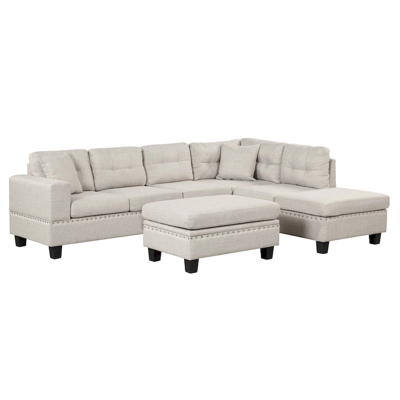Canapé d'angle moderne Roomfitters avec ottomane de rangement, méridienne réversible, deux oreillers et porte-gobelet