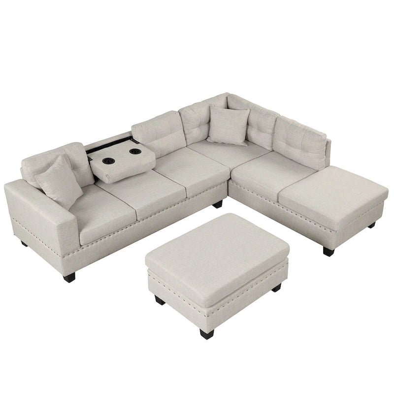 Canapé d'angle moderne Roomfitters avec ottomane de rangement, méridienne réversible, deux oreillers et porte-gobelet