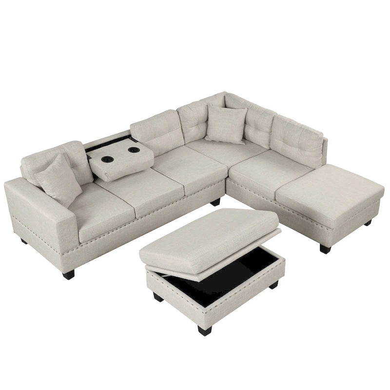 Canapé d'angle moderne Roomfitters avec ottomane de rangement, méridienne réversible, deux oreillers et porte-gobelet