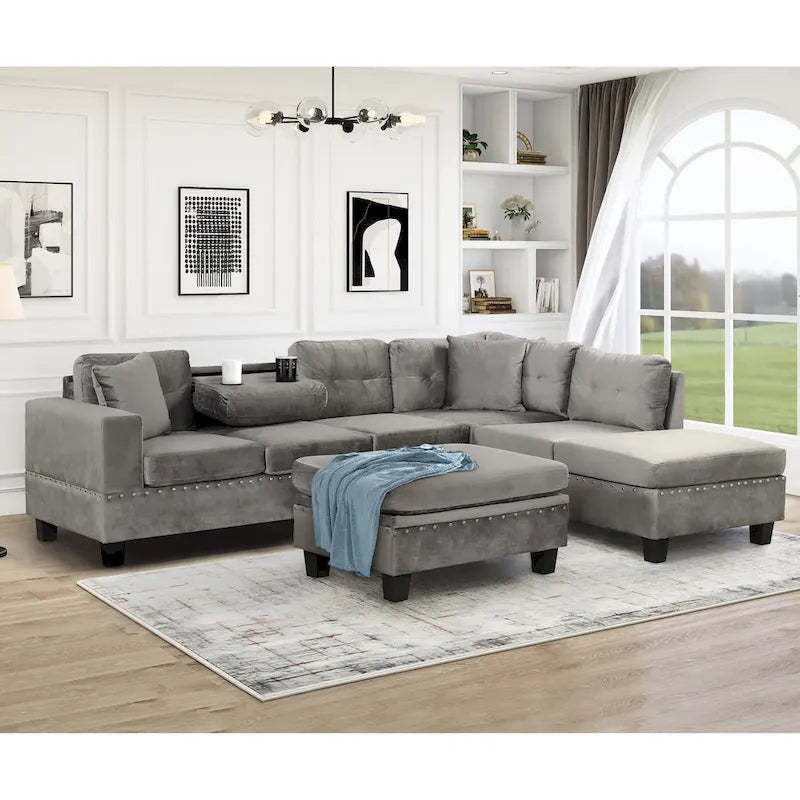 Canapé d'angle moderne Roomfitters avec ottomane de rangement, méridienne réversible, deux oreillers et porte-gobelet